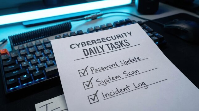 Cybersecurity Daily Tasks Checklist on Desk with Keyboard and Blue Lighting.