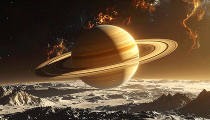 Naklejka premium Saturns Majestic Rings - A Cosmic Dance of Ice and Rock in Space.