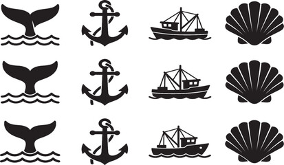 Obraz premium Isolated vector illustration featuring a set of black silhouettes of sailing ships and nautical vessels including yachts, pirate boats, and cruise models with masts and flags on the ocean