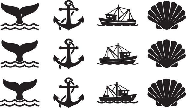 Isolated vector illustration featuring a set of black silhouettes of sailing ships and nautical vessels including yachts, pirate boats, and cruise models with masts and flags on the ocean