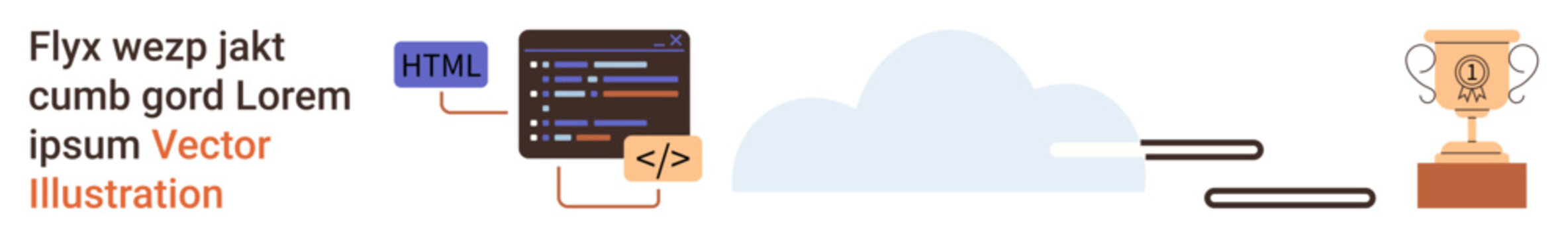 Web development, programming goals, coding success, achievement badges, design workflow, software projects. Code blocks and trophy connected through a workflow. Web development and programming goals