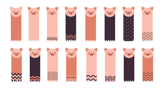 Cute pig themed bookmarks with various colors and patterns such as polka dots and waves for children's reading materials and school.