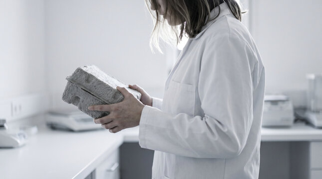 Sustainable packaging designer examining a prototype flat-pack mailer box made from recycled newspaper pulp against a sterile white backgrou 2