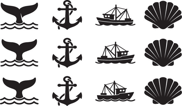 Black silhouette of whale tail anchor fishing boat and seashell on white background ocean