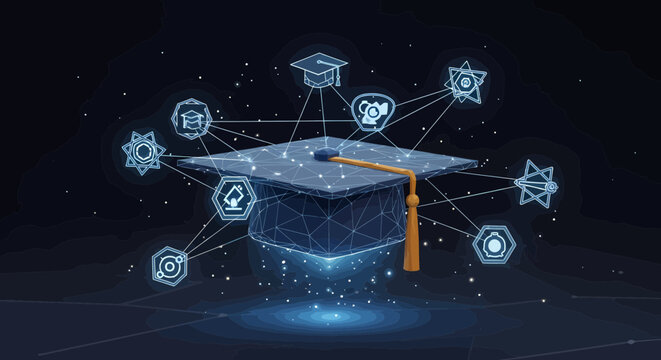 Graduation cap sits centrally within a web of glowing icons and data lines illustrating the integration of diverse academic disciplines in a digital environment.