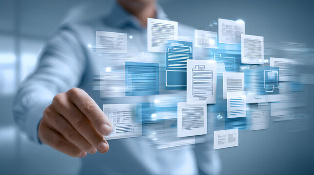 Procurement manager organizing workflow documentation including contracts, purchase orders, bids and compliance records to track costs and improve efficiency in B2B purchase management.