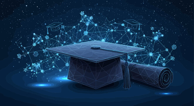 Graduation cap rendered as a digital wireframe floats above a glowing network of academic icons representing modern education and learning.