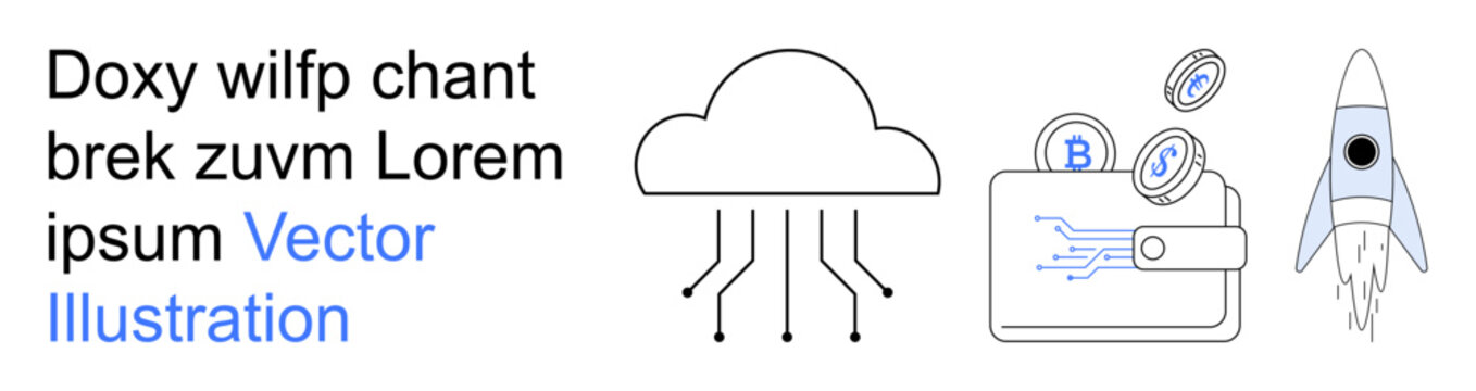 Cloud technology, financial growth, digital currency, blockchain security, futuristic tech, innovation. A cloud, digital wallet with coins and rocket are seen. Cloud technology and financial growth