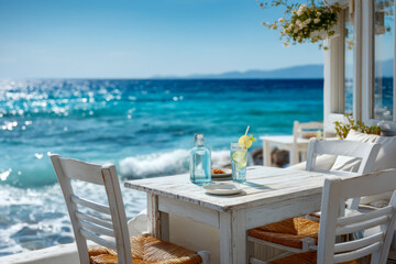 Obraz premium Idyllic summer setup with a white wooden table and refreshing drinks at a seaside cafe overlooking the sparkling turquoise sea