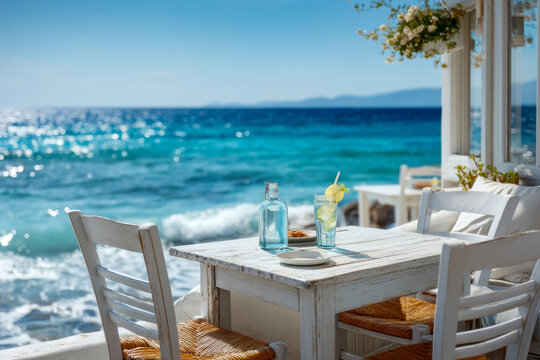 Idyllic summer setup with a white wooden table and refreshing drinks at a seaside cafe overlooking the sparkling turquoise sea