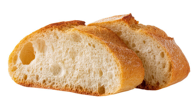 Rustic baked baguette slices showing airy crumb structure