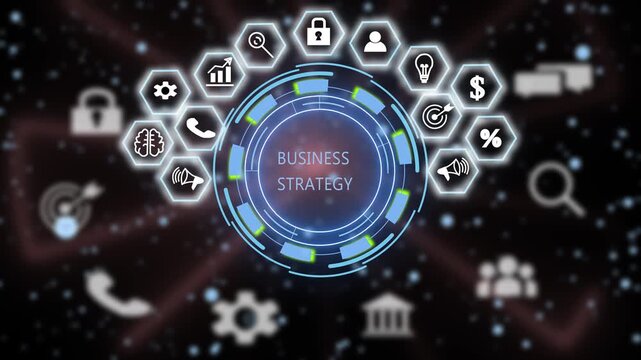 Dynamic business strategy hud interface with animated digital and data visualization for corporate marketing presentations and financial growth analysis projects