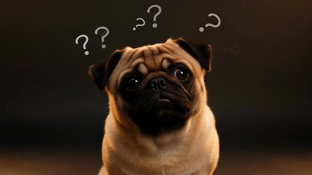 Cute pug dog looking confused with question marks above head