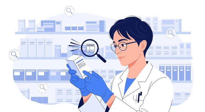 Pharmacist Inspecting Medication Box with Magnifying Glass in Pharmacy