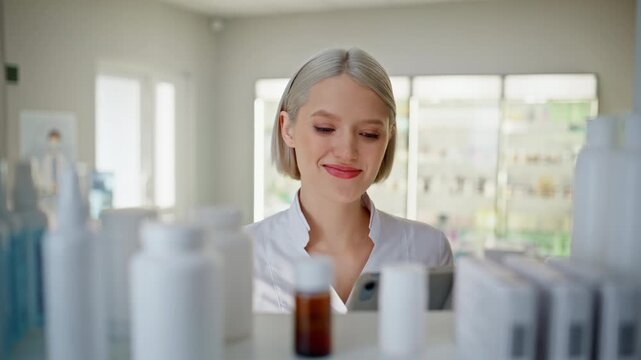 Apothecary stuff reviewing stock drugstore closeup. Nurse using digital tablet
