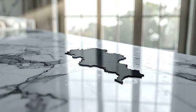 Abstract dark map silhouette of a region or country on a polished marble surface with reflections, representing geography or location concepts