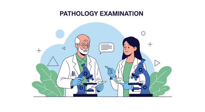 Pathology Examination: Scientists analyzing samples with microscopes in a modern laboratory setting.