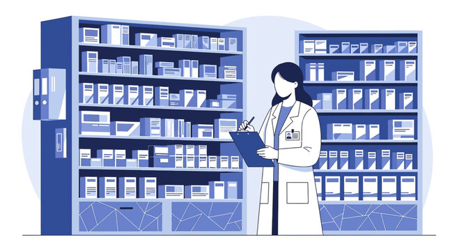 Pharmacist Checking Medicine Inventory in Pharmacy Shelves