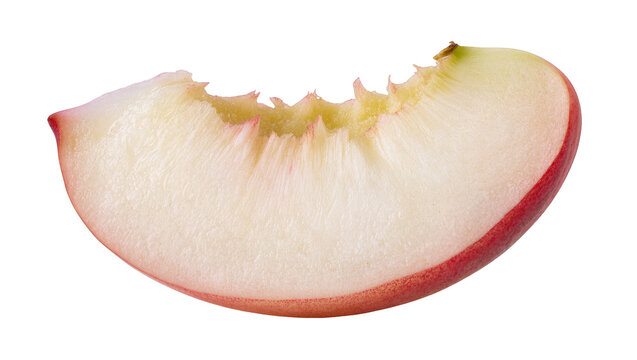 Red apple slice with bite mark showing core and seeds