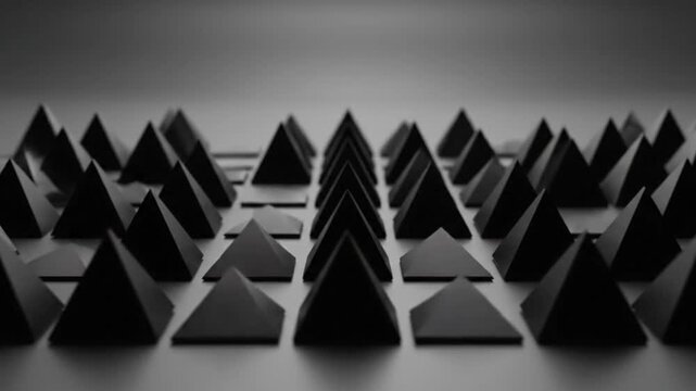 Abstract Pyramid Formation: Static Arrangement of Black and White Geometric Shapes on a Gradated Backdrop