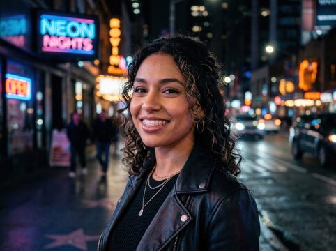 Confident woman's radiant smile on a neon city street. Her vibrant expression, a result of diligent dental care and possibly braces, brightens the urban night scene