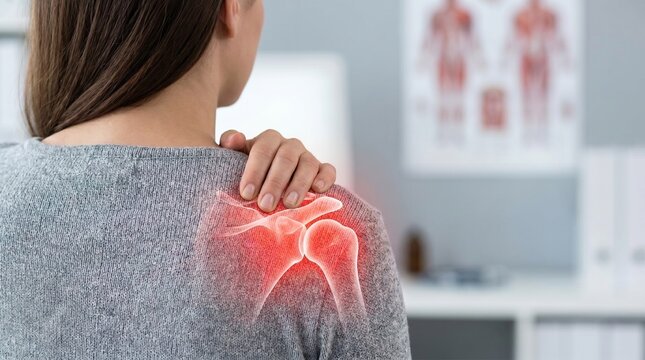 woman holding her painful shoulder with a glowing red anatomical joint overlay, medical concept of arthritis or injury