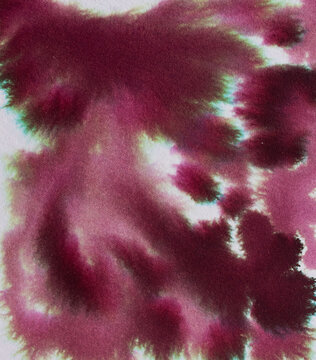 Abstract ink bleeding across paper, rich burgundy and purple washes form fluid watercolor textures, soft blurs, splatters and organic gradients for modern backgrounds
