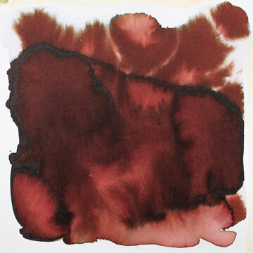 Watery dark red and brown ink spreading across white paper, creating an abstract blotch with fluid textures and fading transparent edges, offering a wet pigment background