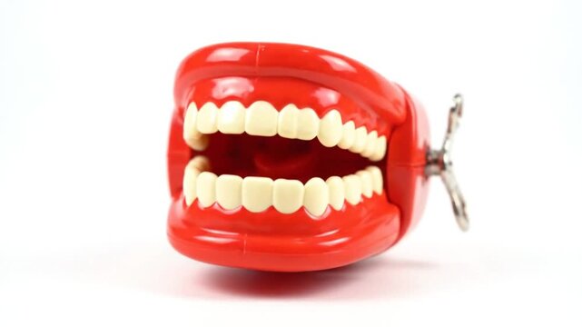 Red plastic wind-up toy chattering teeth isolated on a bright white background, demonstrating the fun.