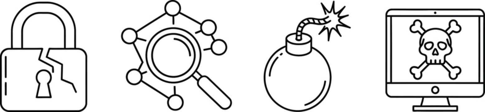 Line of security and danger symbols, including a broken padlock, molecular structure with magnifying glass, bomb, and computer monitor with skull and crossbones
