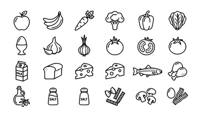 Naklejka premium Fresh fruits and vegetables healthy grocery items outline icons