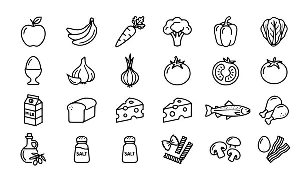 Fresh fruits and vegetables healthy grocery items outline icons