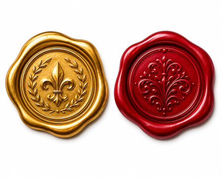 Gold and red wax seals with fleur-de-lis emblem on white background