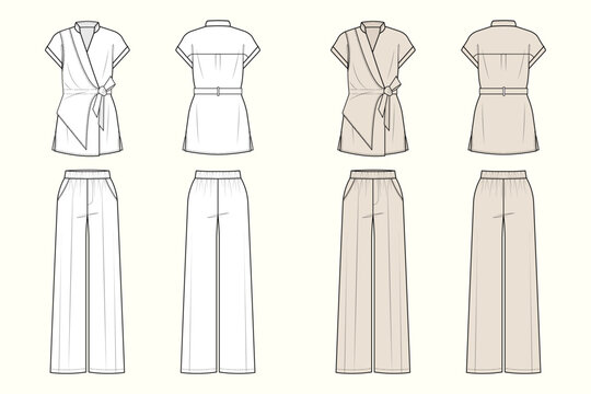 Women's Modern Belted Wrap Tunic & Relaxed Wide-Leg Trouser Co-Ord Set Technical Flat Sketch