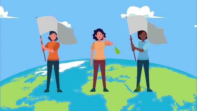 Diverse group of people holding blank flags standing on planet Earth, symbolic representation of unity and global communication.