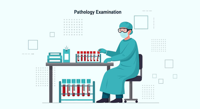 Pathology Examination: Scientist in Lab Coat Analyzing Blood Samples in Test Tubes