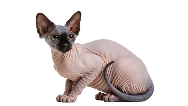 Wrinkled Grey Sphynx Cat Sitting with Large Ears and Intense Gaze