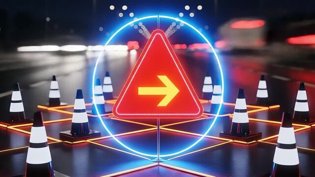 Futuristic road cones and glowing directional sign on a dark highway at night