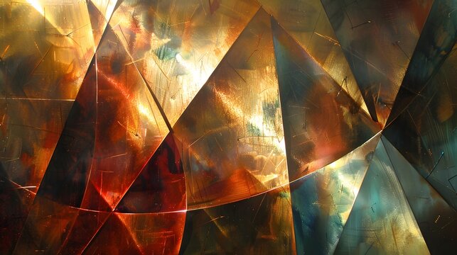 This vibrant abstract photograph displays intricate geometric shards reflecting warm golden light in a complex composition of layered metallic surfaces