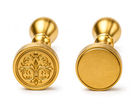 Gold wax seals with ornate floral design and smooth surface on white background