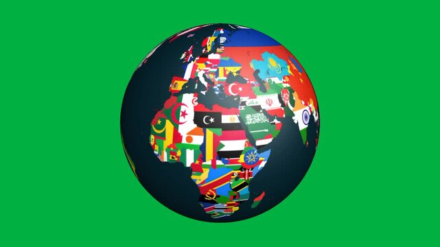 green screen world flags globe rotating animation.  

countries flag map spinning earth on chroma key.  

international flags 3d globe loop.   