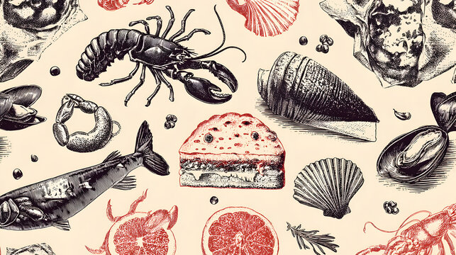 Vintage sea food seamless pattern. Italian cuisine background illustration in hand drawn style. Retro mediterranean beach surface print design, summer vacation texture. Stock Vector