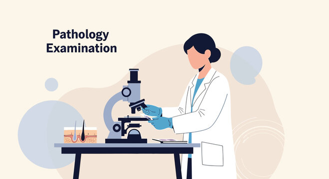 Pathology Examination: Scientist Analyzing Skin Sample Under Microscope in Laboratory