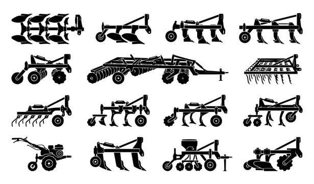 Agricultural machinery silhouettes set, heavy farm equipment, tractor plows and soil cultivators.