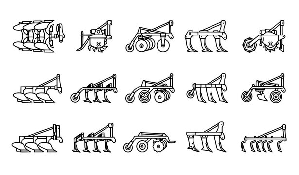 Collection of farm machinery silhouettes, industrial agriculture equipment, tractor attachments for farming.
