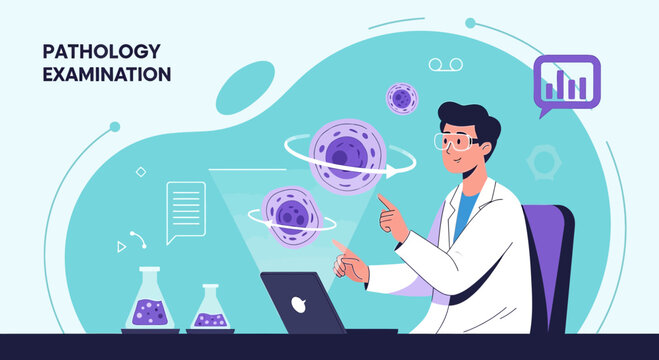 Pathology Examination: Scientist Analyzing Cells on Holographic Display with Laptop and Flasks