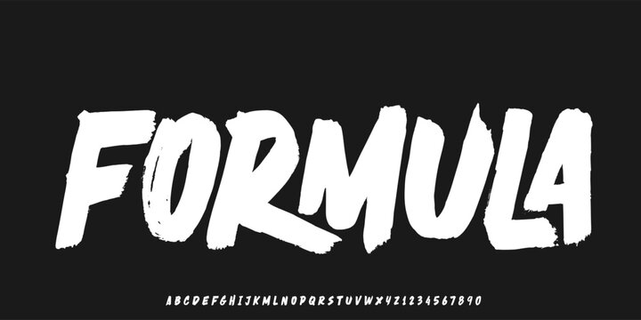 Formula Lettering font isolated on black background. Texture alphabet in street art and graffiti style. Grunge and dirty effect. Vector brush letters.