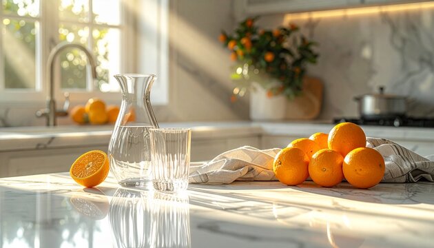 Bright kitchen scene with oranges, water pitcher, and sunlight.