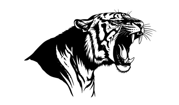 Roaring tiger head silhouette, aggressive wild cat profile, wildlife predator symbol.