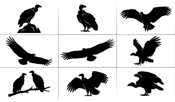 Bird of prey silhouettes, eagles and vultures collection, wildlife nature predator symbols.